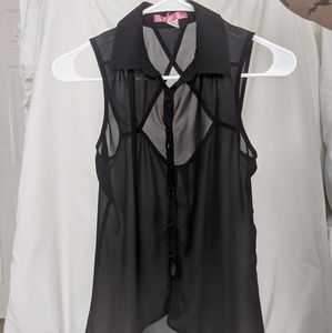 Sheer Open-Back Collared Button Up Sleeveless Top